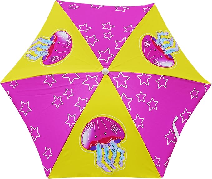 AMMSUN 5ft Seaside Umbrella for Sand Box Water Table Picnic Table - Kids Durable Umbrellas for children Beach Camping Garden Outdoor Play Shade Pink Yellow Jellyfish