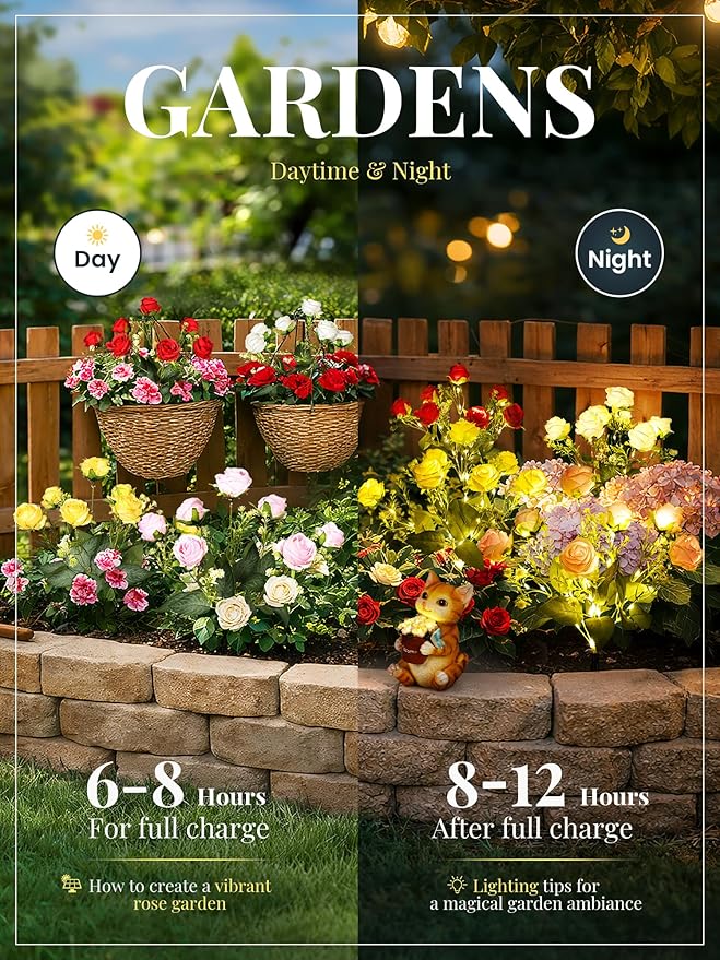 GIGALUMI Solar Lights Outdoor for Garden Decor, 4 Pack Solar Flower Lights Waterproof, 2 Lighting Modes 28 Roses for Pathway,Yard, Patio Decoration, Gardening Gifts for Women (Multi-Colored)