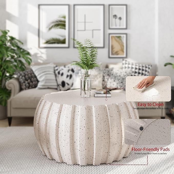 35.43" Indoor Round Coffee Table, Waterproof Coffee Table Modern MgO Cement Design End Tables for Living Room, Outdoor Patio Coffee Tables for Garden, Backyard, Balcony, White