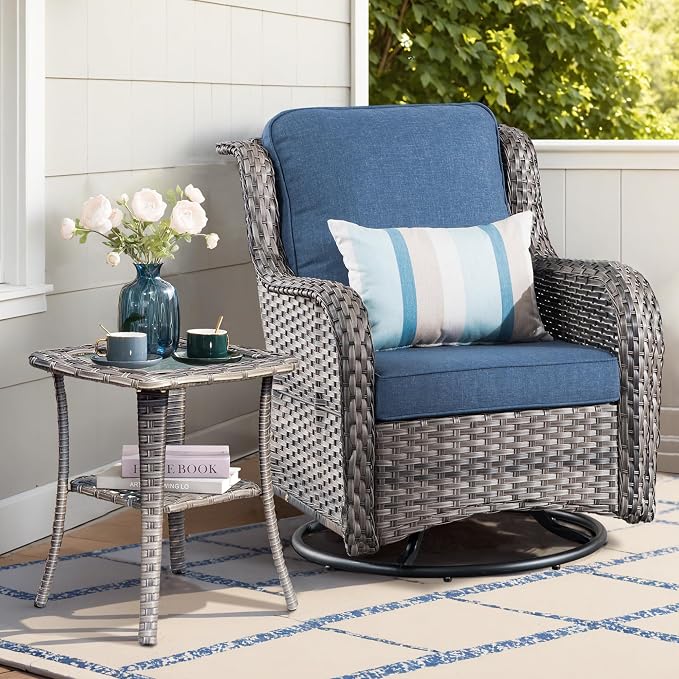 ovios Outdoor Side Table with Tempered Glass Top, Patio Wicker Rattan 2-Tier Storage Coffee End Tables for Porch Deck Balcony Garden Poolside (Grey-Small Size)
