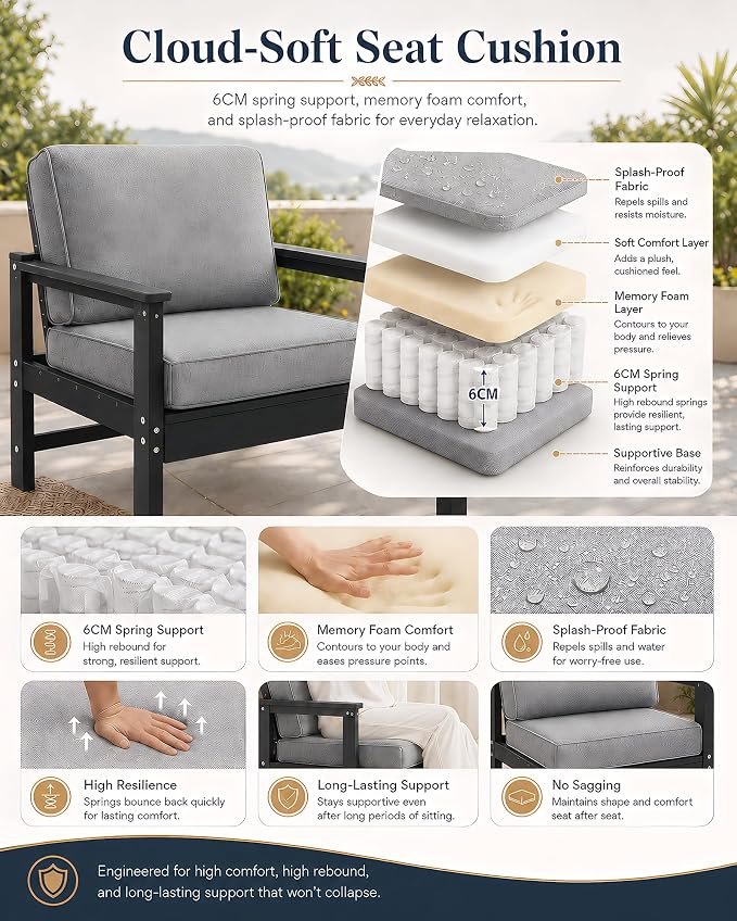 HDPE Outdoor Patio Furniture Set with Cushions, 7 Piece Patio Conversation Set Sofa Set,All Weather Outdoor Couch Set with Coffee Table for Lawn, Garden, Deck