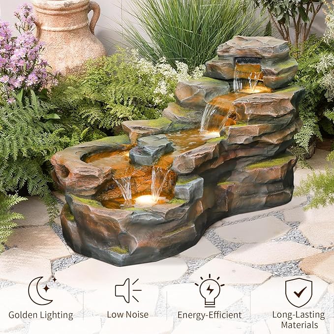 Sunlinua Water Fountain Outdoor Floor Standing 5-Tiers Rock Natural Waterfall Outdoor Garden Fountains with LED Lights for Patio, Porch, Home Art Decor