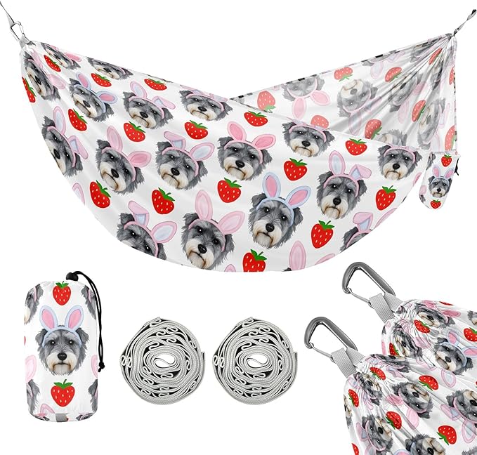 Camping Hammock Outdoor Hammocks for Outside Schnauzer Strawberry Cute Beach Trees Portable Lightweight with Pockets Tree Straps Indoor