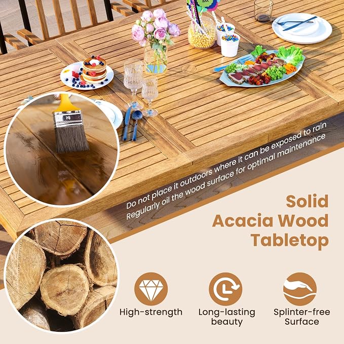 RELAX4LIFE Patio Outdoor Dining Table for 8, 79’’ x 39.5’’ Acacia Wood Rectangular Table w/Slatted Top, Umbrella Hole & Metal Legs, Indoor Outdoor Picnic Bistro Table, 8-Person Patio Dining Table