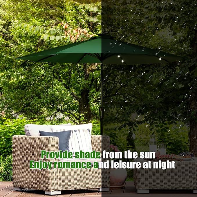 HERMOCE 9FT Solar Umbrella 32 LED Patio Umbrellas with Tilt and Crank,Table Market Outdoor Umbrella for Garden,8 Ribs