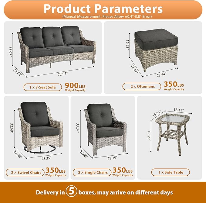 8 PCS Outdoor Patio Furniture Sets,Patio Conversation Sets Outside Rattan Soft Cushion Sofa with 2 Wicker Rocking Chairs Soft Cushion Fit Backyard Porch Garden Poolside Balcony,Black