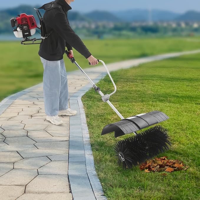 52CC 2 Stroke Gas Backpack Broom Sweeper, 2.3HP 1700W Artificial Grass Brush Gasoline Powered Broom with 33.8oz Fuel Tank, Portable Lawn Sweeper Machine for Riveways, Lawns, Walkways