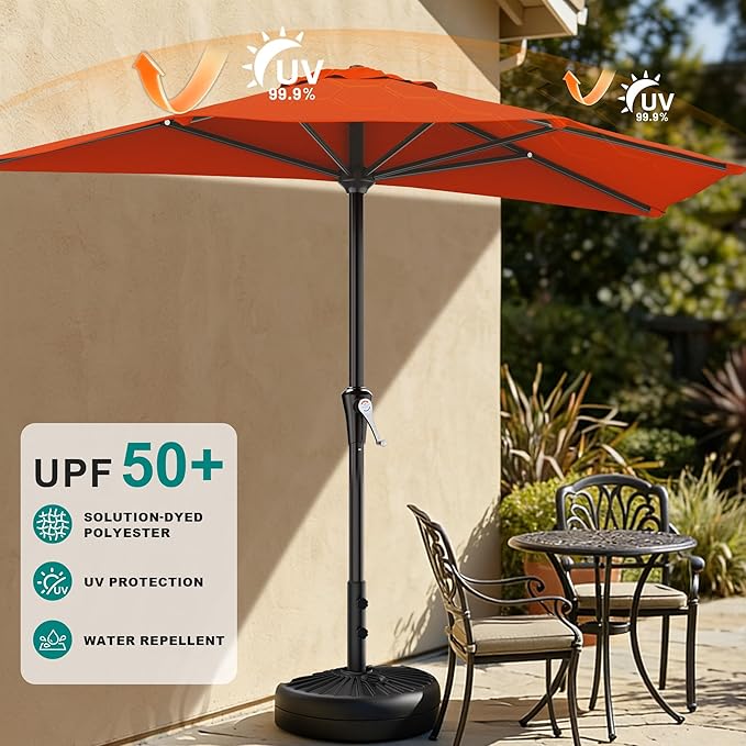 AreShark 9FT Half Patio Umbrella, Outdoor Wall Umbrella with Crank & 5 Sturdy Ribs, Table 1/2 Umbrella Patio for Garden, Deck, Balcony and Pool, Orange