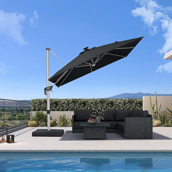 PURPLE LEAF Patio Umbrella with base 9 Feet Outdoor Square Cantilever Umbrella Solar Powered LED with 360-degree Rotation for Garden Deck Pool Patio, Black