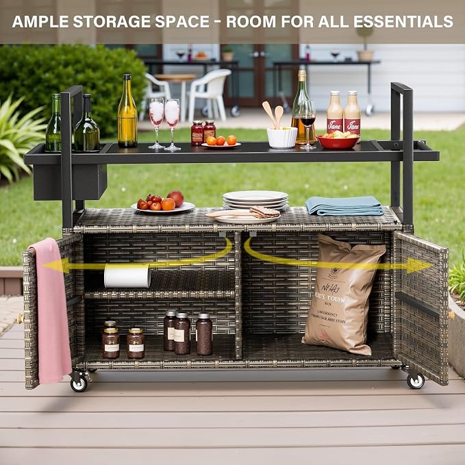 Belord Wicker Outdoor Bar Cart with Storage Cabinet and Four Rolling Wheels Patio Bar Table, Outdoor Buffet Cabinet Movable with Removable Side Basket for Deck Poolside Backyard Gray
