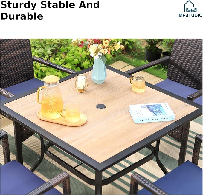 MFSTUDIO 5 Piece Patio Dining Table Set for 4, 37" Square Outdoor Metal Table & Wicker Chairs, Patio Dining Furniture Wood-Like Table and Chairs for 4, Deck, Yard, Porch