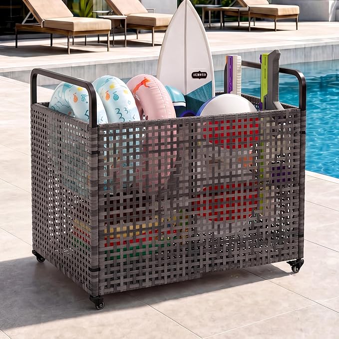 TrailBlaze Heavy-Duty Outdoor Pool Float Storage Bin – Large Mesh Organizer with Wheels & Handrail – Weather-Resistant PE Rattan – Locking Casters – Patio Poolside Storage Bench – Size: 85×66×91cm,