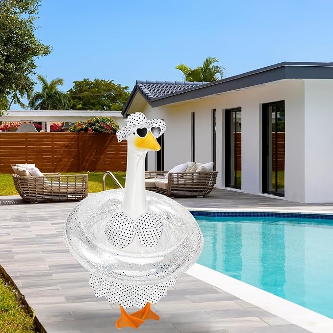 Hawaiian Porch Goose Outfits Summer Bikini Goose Outfit Fits 23" Goose Statue with Hat Sunglasses & Swimming Ring for Cement Yard Decor(White)