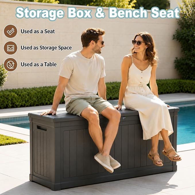 MOCUTEEN 260 Gallon Deck Box, Large Storage Bins with Lids for Furniture, Patio Cushion, Toy Storage, Lockable and Waterproof Storage Container With Support Rod, Black
