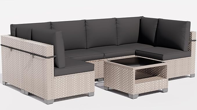 10 Pieces Patio Furniture Set, Outdoor Sectional Wicker Sofa with Thick Cushions and Storage Coffee Table, Rattan Patio Conversation Sets for Deck Yard Poolside, Black