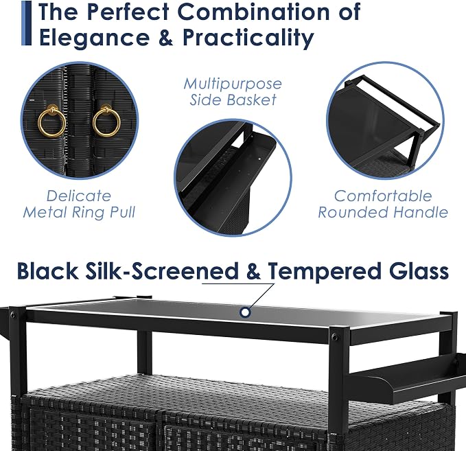 Xilingol Outdoor Bar Table, Wicker Bar Cart with Cabinet, Patio Serving Cart with Tempered Glass Top, Lockable Wheels, Rounded Handle & Side Basket for Garden, Poolside & Backyard, Black