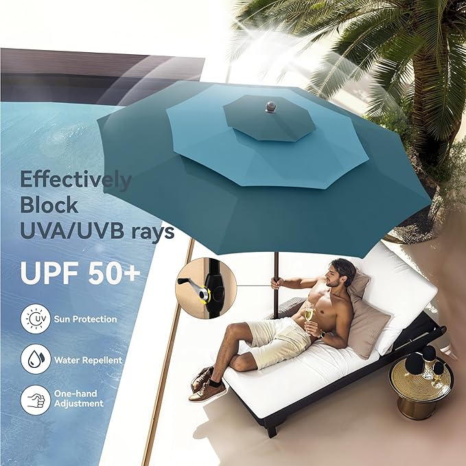 PHI VILLA 10ft Outdoor Patio Umbrella for Outside, 3 Tier Vented Round Market Table Umbrella Windproof for Backyard, Deck, Garden, Cyan & Green (No Base)