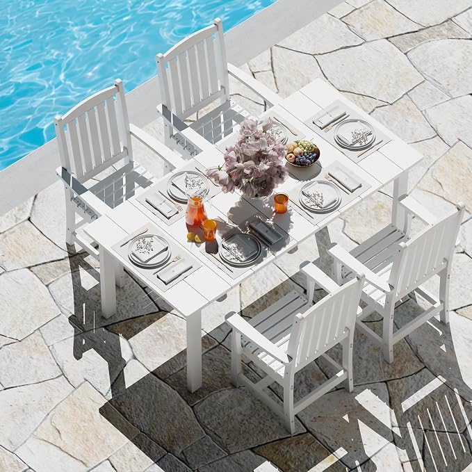 ROCSUMOO 5-Piece Outdoor Dining Table Sets, Patio HDPE Dining Table and Chair Set with Umbrella Hole, All Weather Outdoor Dining Furniture Set (White, 1 Table + 4 Chairs)
