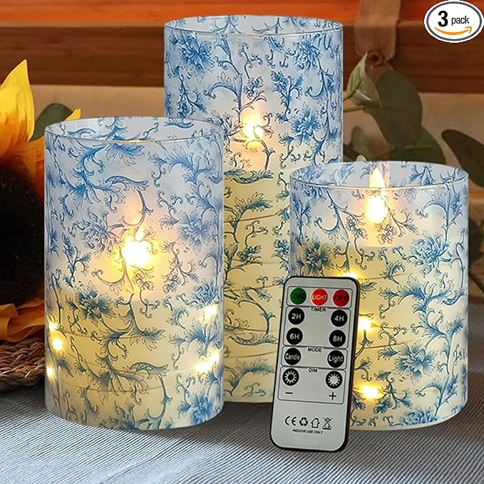 Blue Floral Flameless LED Pillar Candles with String Lights, 3pcs Battery Operated Flickering Candles with Remote Timer, Decorative Flower Printed Candles for Wedding Home Decor Romantic Ambiance