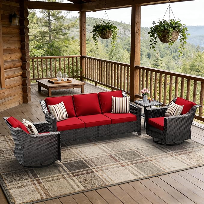 4 Pieces Patio Conversation Furniture Set - 1 Sofa, 2 Swivel Chairs, 1 Side Table, Outdoor Wicker Furniture with Removable Cushions for Porch, Balcony, Sunroom (Red)
