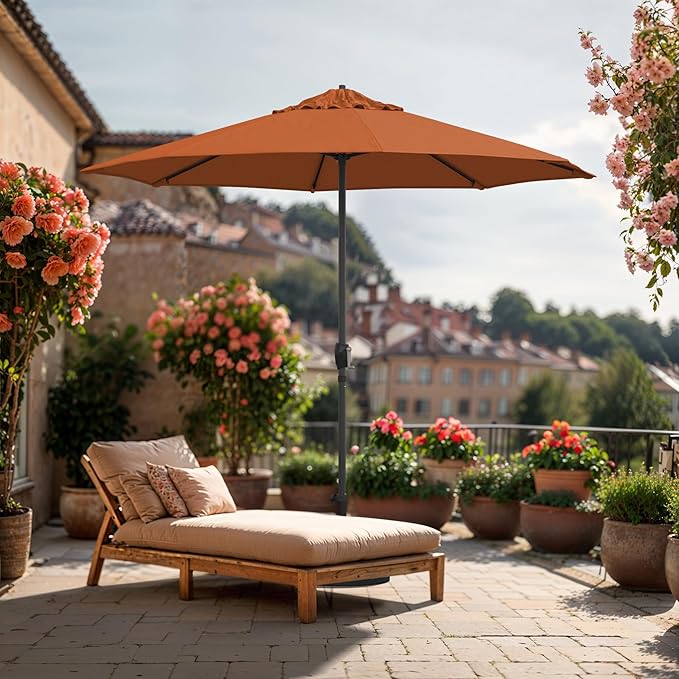 California Umbrella 12-Year Protection 9-Ft Outdoor Patio Umbrella, Sunbrella Fade-Resistant Fabric, Auto-Tilt, Heavy Duty Aluminum Frame, 8 Reinforced Ribs for Pool or Deck, Bronze Pole, Tuscan