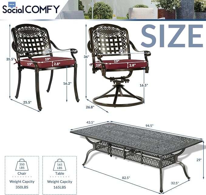 9-Piece Patio Cast Aluminum Dining Set, Outdoor Table and Chairs Set for 8, Includes 94.5" Rectangular Dining Table, 6 Stationary, 2 Swivel Dining Chairs with Umbrella Hole, Red