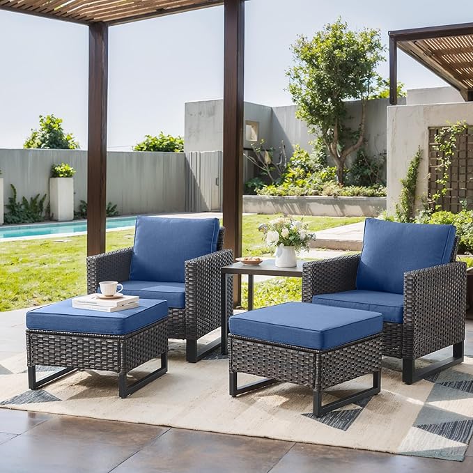 Rilyson Wicker Outdoor Patio Furniture Set - 5 Piece Patio Conversation Set with 2 Wicker Armrest Chairs,2 Rattan Ottoman and 1 Metal Side Table for Outside Porch Deck Backyard Garden(Brown/Blue)