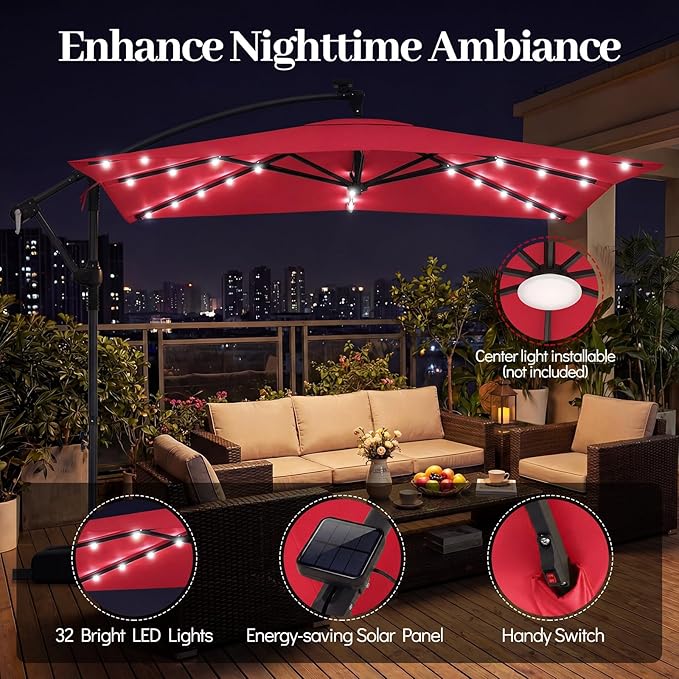 Tangkula 8x8 FT Solar Patio Umbrella with Base Included, Square Offset Cantilever Outdoor Umbrella with 360 Degree Rotation, 32 LED Lights, Crank Handle, 2 Sandbags, 8 Ribs, Air Vent for Pool Deck Garden Backyard