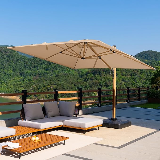 PURPLE LEAF 12FT Patio Umbrella Square Cantilever Umbrella Teak Finished Aluminum Frame Large Windproof Offset Outdoor Sun Umbrellas for Beach Pool Deck, Beige