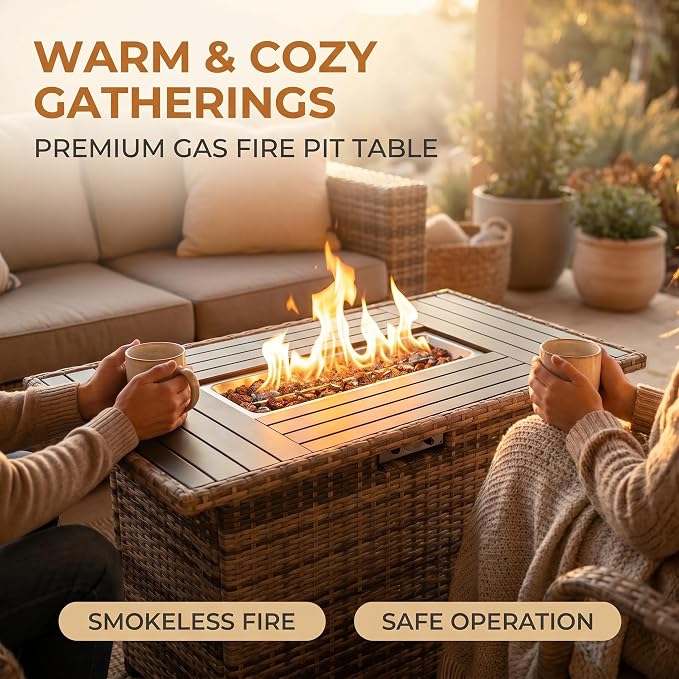 UDPATIO Patio Furniture Set with Fire Pit Table, L-Shaped 8" Armrest Sectional Set, All-Weather PE Rattan Conversation Furniture w ‌Thick Cushions, Coffee Table for Outdoor Backyard Porch Grey