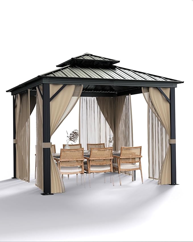 GarveeLife 10 ft x10 ft Hardtop Gazebo for All Weather, with Double Metal Roof, Aluminum Alloy Frame, Net, and Curtain, Permanent Building for Patio, Deck, Backyard, Lawn, and Garden