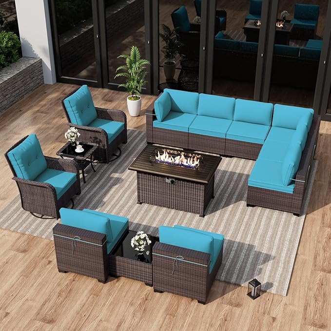 ALAULM 13 Pieces Patio Furniture Set with 2 Swivel Chairs Patio Furniture Outdoor Sectional Sofas with 55000 Gas Fire Pit Patio Conversation Set w/10 Cushions-Blue