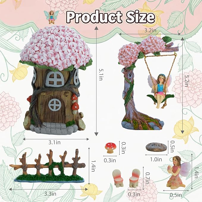 Miniature 8 Pcs Mini Garden Furniture, Fairy Garden Accessories Kit, Resin Figurines with Swing Set, Whimsical Theme, for Outdoor Patio, Yard, Lawn, or Desk