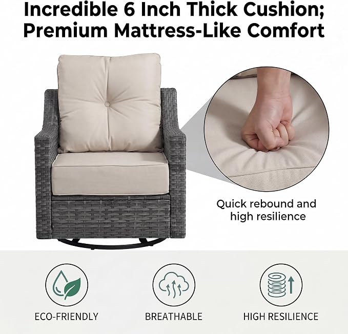 3 Pieces Patio Furniture Set with 6" Thick Cushions, All Weather Outdoor Wicker Swivel Rocker Chairs Set of 2 with Table for Porch Yard Deck