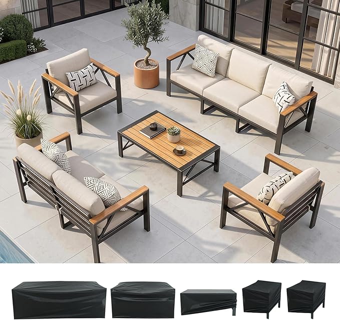 INGEROOM 5 Piece Aluminum Outdoor Patio Furniture Set with Waterproof Cover, 7-Seat Patio Conversation Sets with Coffee Table, Outdoor Sectional Furniture Set for Porch, Balcony, Deck, Oatmeal