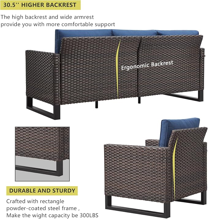 HUMMUH 10 Piece Patio Furniture Set PE Wicker 12-Seater Outdoor Sectional Sofa Set with Patio Swivel Chairs Dinning Table Ottomans for Porch,Garden,Backyard,Deck(Brown/Blue)