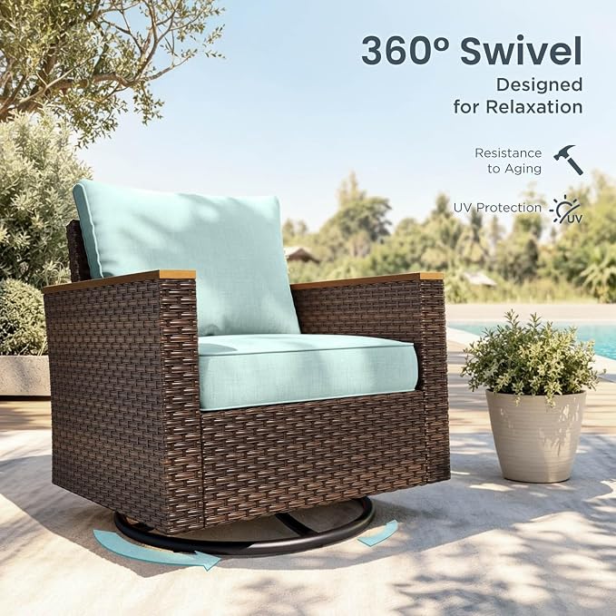 PHI VILLA Wicker Patio Furniture Set with Swivel Chairs, Rattan Sectional Outdoor Couch with Deep Seating for Poolside, Backyard, 2 x Swivel Patio Sofa, Aqua Blue Color
