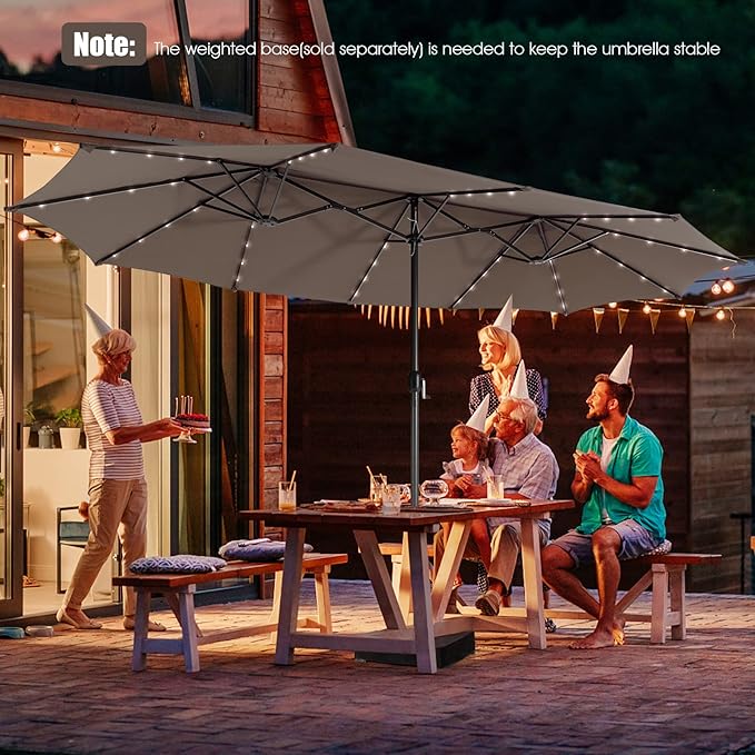 Giantex 15 FT Double Patio Umbrellas with 48 Solar LED Lights, Auto-Charging Panel, Crank System, Outdoor Extra-Large Rectangle Market Table Umbrella for Garden Deck Backyard Beach Pool