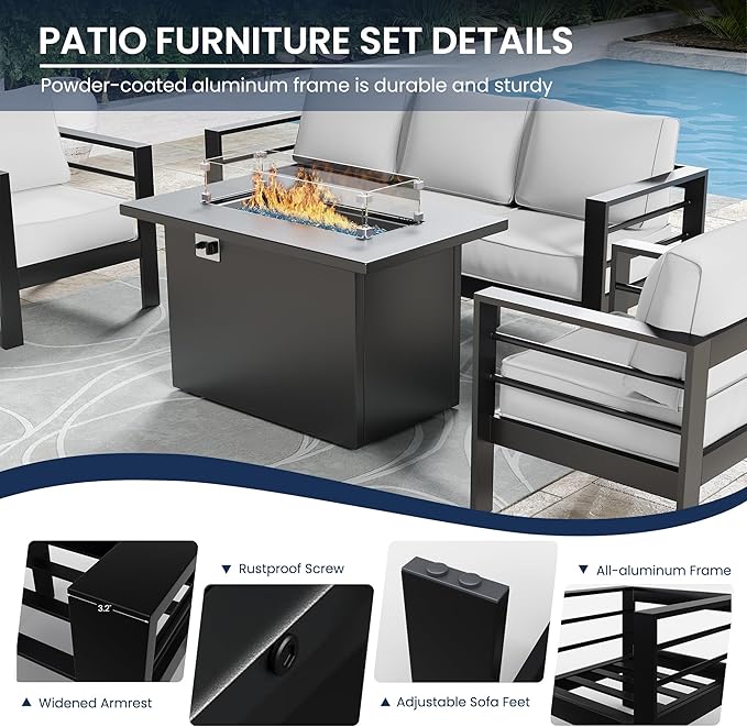 Amopatio Patio Furniture with Fire Pit, 6 Pcs Aluminum Outdoor Sectional Metal Patio Sofa Sets with Aluminum Fire Pit Table for Backyard(Included Waterproof Covers)