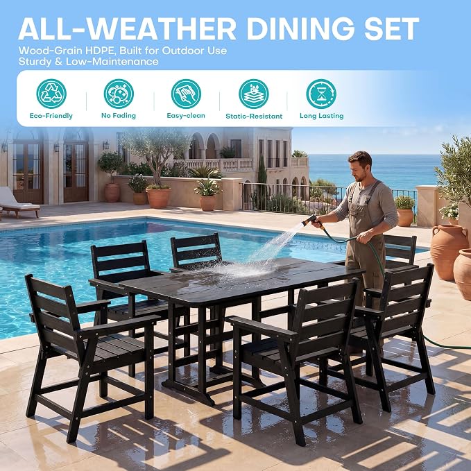 5-Piece Dining Set, HDPE Table & 4 Chairs, Black | HDPE Dining Set: 69.1" Table + 4 Chairs,380 lbs,304 Stainless,All-Weather,No Rust No Crack,Outdoor Patio Garden