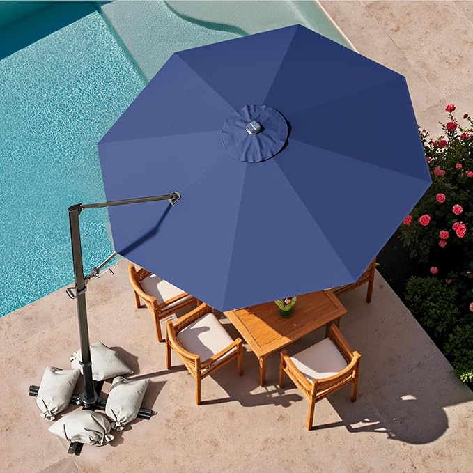 Devoko 10ft Solar LED Patio Umbrella, Round Cantilever Outdoor Umbrella with Solar Lights and 360-Degree Rotation, Large Hanging Offset Market Umbrella with Easy Tilt for Patio Deck Garden, Navy Blue