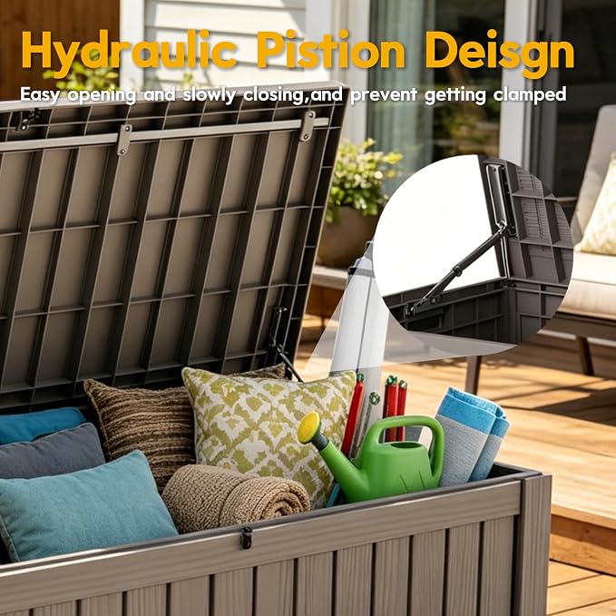 LAUSAINT HOME 150 Gallon Resin Deck Box with Hydraulic Pistons, Extra Large Waterproof Outdoor Storage Bench for Large Cushions, Lockable Patio Bin for Pool and Garden (Light Brown)