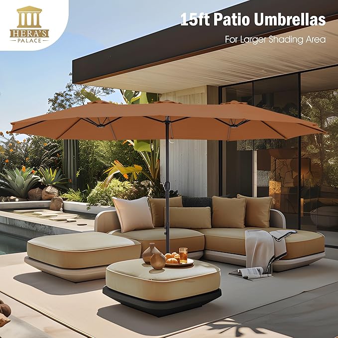 HERA'S PALACE Umbrella Patio Outdoor with Base 15ft Rectangle Table Double Market Heavy Duty Umbrellas Clearance Large Included Stand for Deck Outside Pool Yard Inground Commercial, Tawny