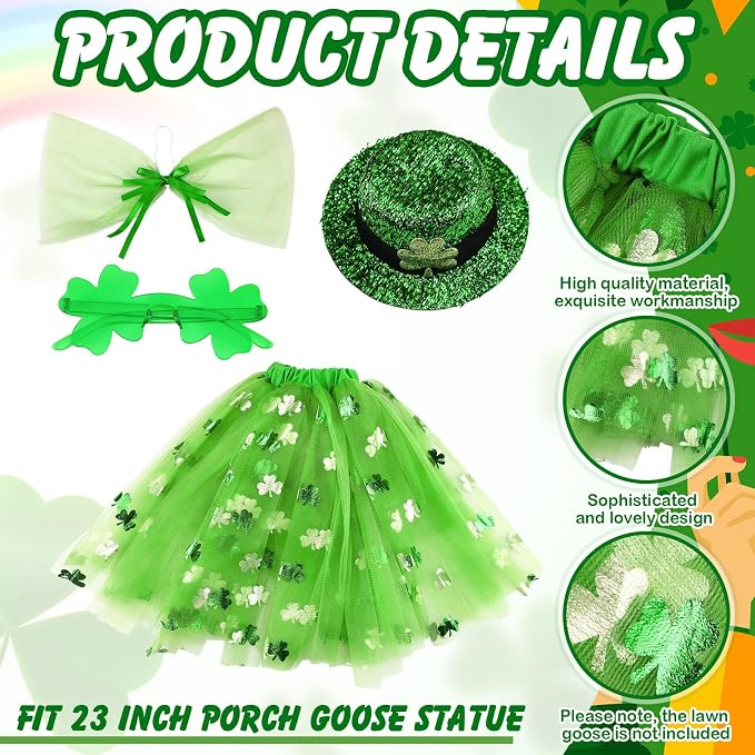 Soulchen 1 Set St. Patrick's Day Clover Porch Goose Outfits 23 Inch Cement Goose Clothes Geese Glasses and Hat Outfit Costume Set for Irish St. Patrick's Holiday Outdoor Garden Yard Decor