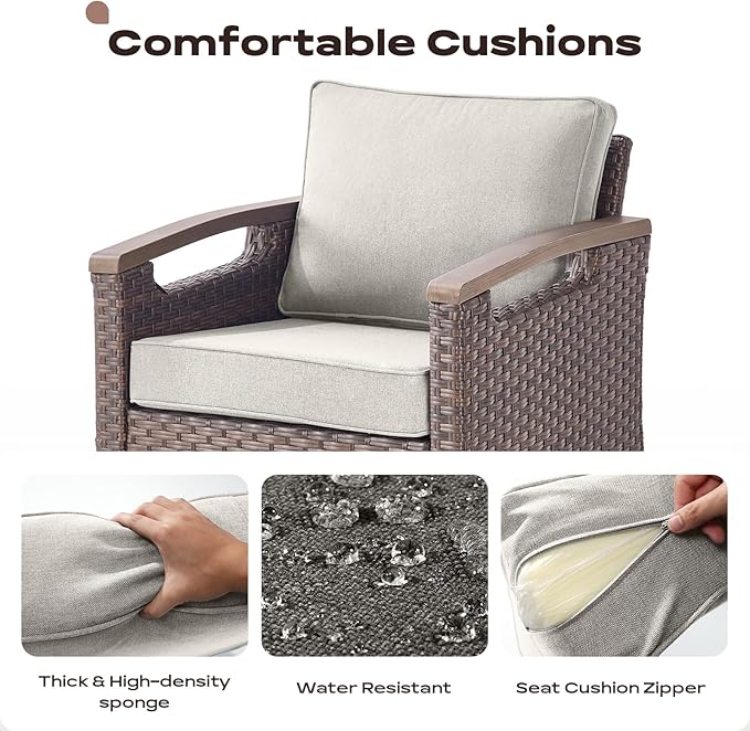 Rilyson Wicker Outdoor Patio Furniture Set - 5 Piece Patio Conversation Sets with Swivel Rocker Chairs, Ottomans and Side Table, Thick Cushions, Waterproof Wicker, for Porch Deck Brown/Beige