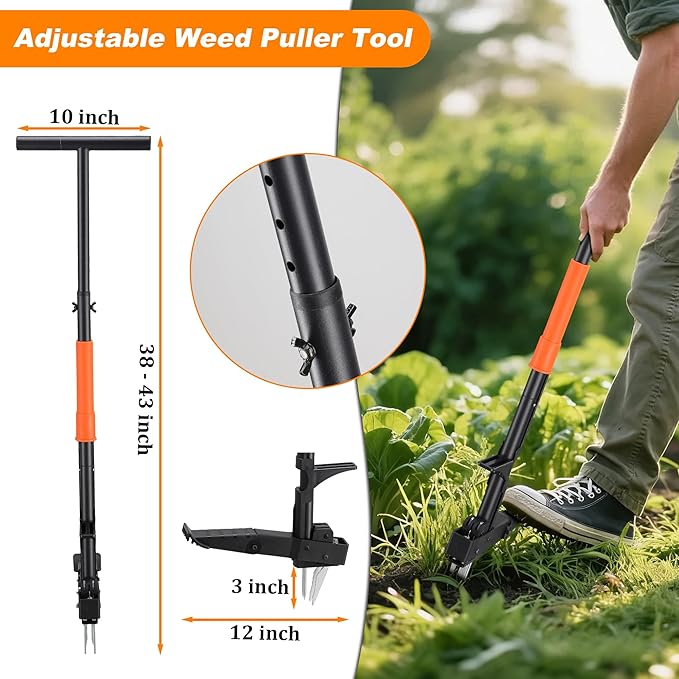 Weed Puller Tool with Long Handle, Stand Up Weeding Tool Gardening for Various Grass, Weed Remover Pulling Extractor Tool for Garden, Lawn, Yard , 4 Metal Claws with Foot Pedal Manual Weeders 43"