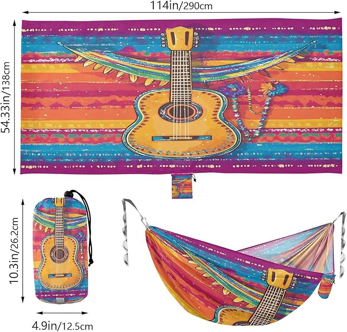 Mexican Cinco De Mayo Guitar Colorful Outdoor Hammock with Tree Straps Tree Hammock for Outside Beach Patio Garden
