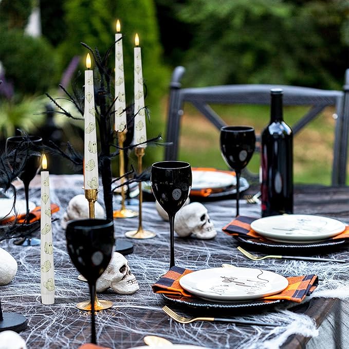 Halloween Flameless Taper Candles with Ghosts Glow in The Dark, Real Wax Battery Operated Candles with Remote, 3 Pack Flickering Halloween Led Candlesticks for Party Home Decor