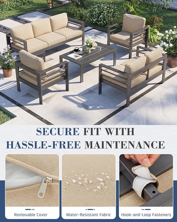 AECOJOY Aluminum Patio Furniture Set, 7 Seats Modern Outdoor Furniture with Coffee Table, 5 Pieces Metal Conversation Sectional Sofa, Beige