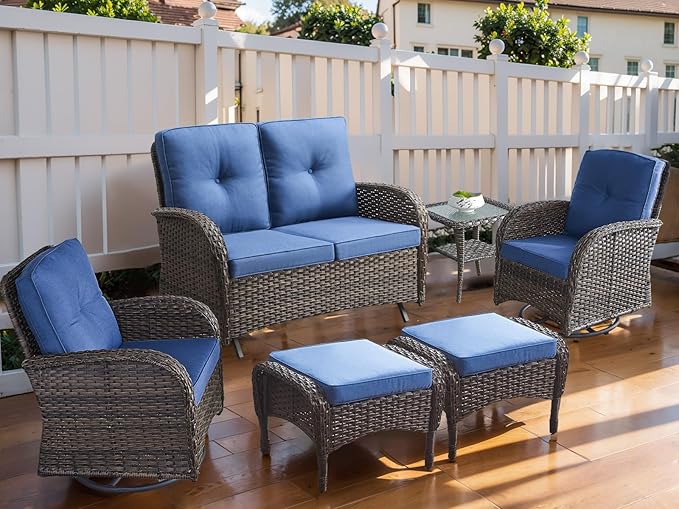 HUMMUH Patio Furniture 6-Piece PE Wicker Outdoor Conversation Set,All-Weather Rattan Swivel Chairs with Ottomans Glider Loveseat for Backyard,Poolside,Deck